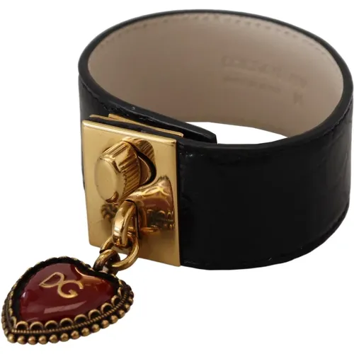 Schwarzes Lederarmband mit goldenen Details - Dolce & Gabbana - Modalova