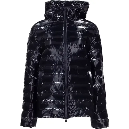 Schwarze Gesteppte Daunenjacke mit Kapuze , Damen, Größe: M - Rains - Modalova