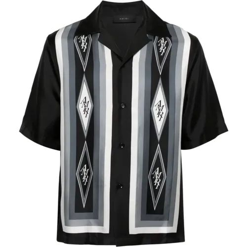 Schwarzes Seiden-Twill-Bowlinghemd mit geometrischen Logo-Drucken - Amiri - Modalova
