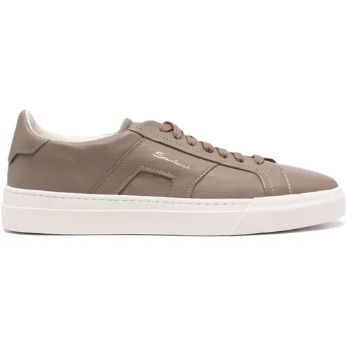 Sneakers, male, , Size: 7 US Taupe Panelled Sneaker with Perforated Detailing - Santoni - Modalova