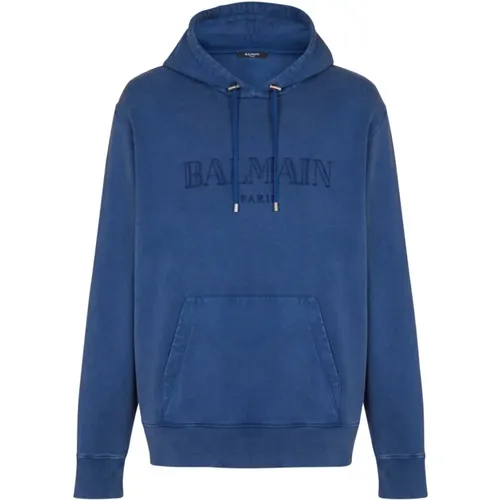 Hoodies, male, , Size: L Indigo Hoodie with Embroidered Logo - Balmain - Modalova