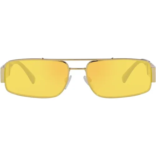 Rechteckige Sonnenbrille mit verspiegeltem gelben Glas und goldener Fassung , unisex, Größe: 60 MM - Versace - Modalova