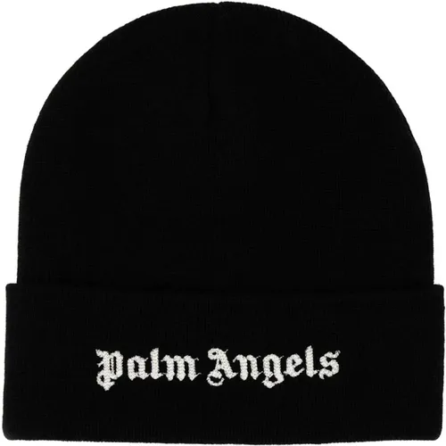 Schwarze Woll-Beanie-Mütze,Bestickte Logo Beanie Mütze - Palm Angels - Modalova