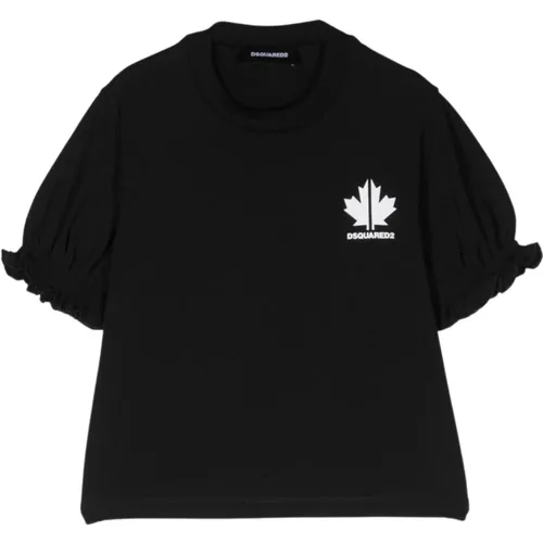 Schwarzes Kinder T-Shirt mit gerüschten Ärmeln und Logo-Print - Dsquared2 - Modalova