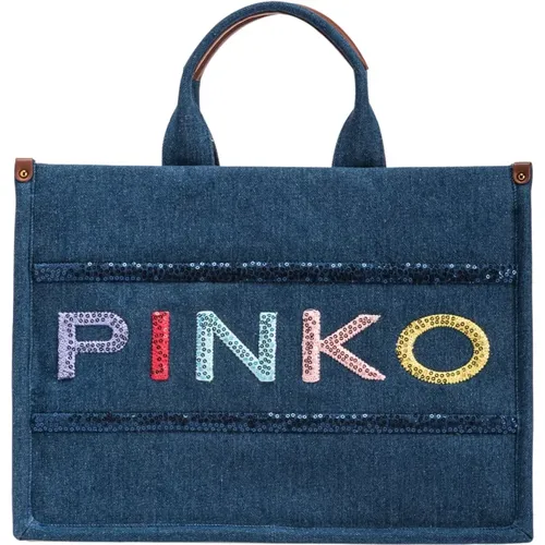 Denim shopper bag with sequinned logo , female, Sizes: ONE SIZE - pinko - Modalova