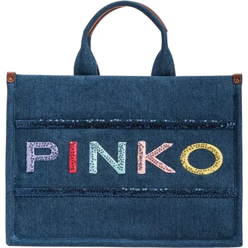 Handbags, female, , Size: ONE SIZE Denim shopper bag with sequinned logo - pinko - Modalova