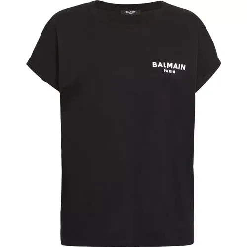 Schwarzes T-Shirt mit Logo-Print und Rundhalsausschnitt,T-Shirt mit flockigem Pari-Logo - Balmain - Modalova