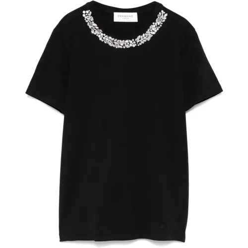 Schwarzes T-Shirt mit Kristallverzierung , Damen, Größe: M - Ermanno Scervino - Modalova