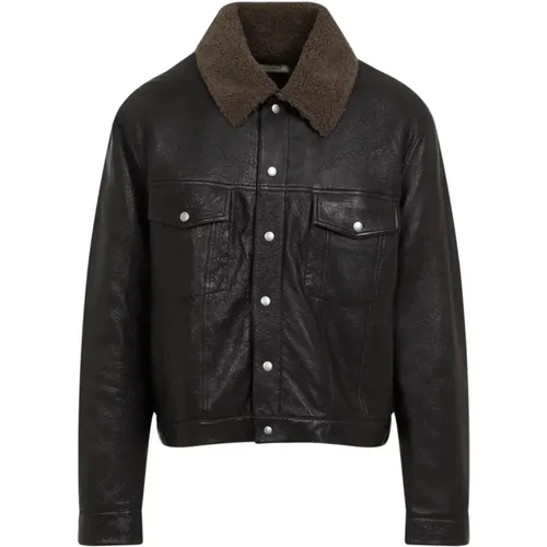 Schwarze Leder Shearling Jacke - Saint Laurent - Modalova