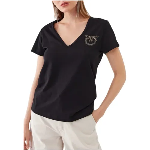 Schwarzes V-Ausschnitt T-Shirt mit glänzendem Logo - pinko - Modalova