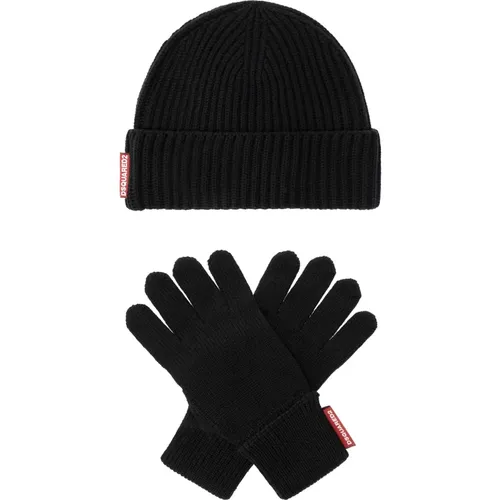 Beanies, male, , Size: ONE SIZE Wool kit: beanie & gloves - Dsquared2 - Modalova