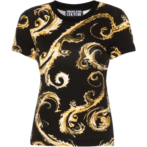 Schwarzes T-Shirt mit Baumwolldetails , Damen, Größe: S - Versace Jeans Couture - Modalova