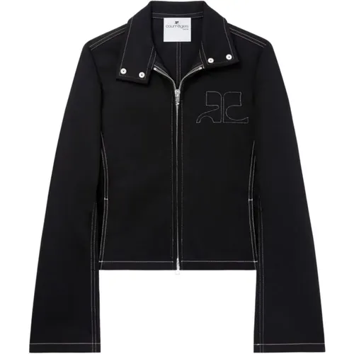 Schwarze Bestickte Logo Jacke Hoher Kragen , Damen, Größe: M - Courrèges - Modalova