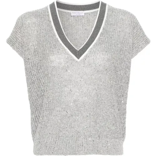 Grey Linen Blend Sweater with Sequin Embellishment , female, Sizes: L - BRUNELLO CUCINELLI - Modalova
