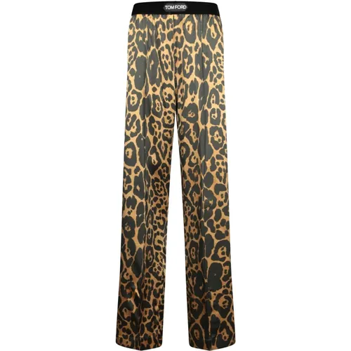 Straight Trousers, female, , Size: M Leopard Satin PJ Trousers - Tom Ford - Modalova