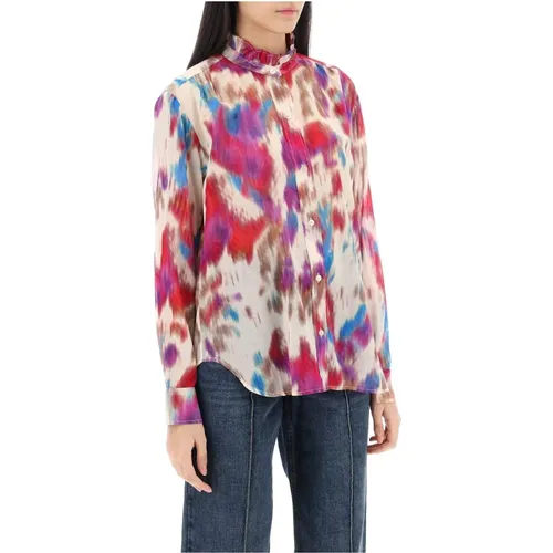 Shaded motif cotton shirt with frilled collar , female, Sizes: 2XS, XS, S - Isabel Marant Étoile - Modalova