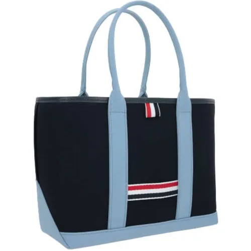 Marineblaue Canvas-Tote-Tasche mit Kontrastdetails und Lederbesatz , Damen, Größe: ONE Size - Thom Browne - Modalova