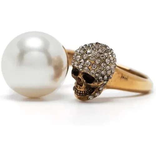 Golden Pearl Skull Ring , female, Sizes: 49 MM - alexander mcqueen - Modalova