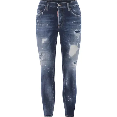 Skinny Jeans, male, , Size: XS Dark Skinny Jeans with Paint Splatters and Distressed Details - Dsquared2 - Modalova