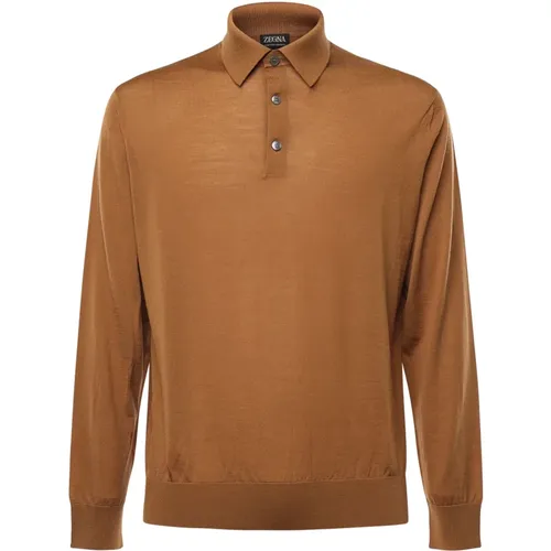 V-neck Knitwear, male, , Size: L Lightweight Wool Polo Shirt Camel - Ermenegildo Zegna - Modalova