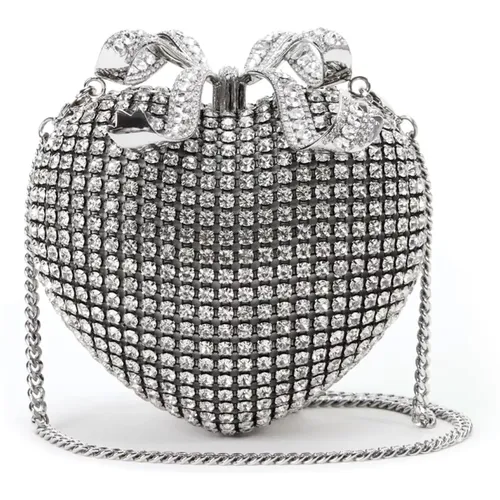 Clutches, female, , Size: ONE SIZE Rhinestone Heart Clutch with Bow Detail - Self Portrait - Modalova