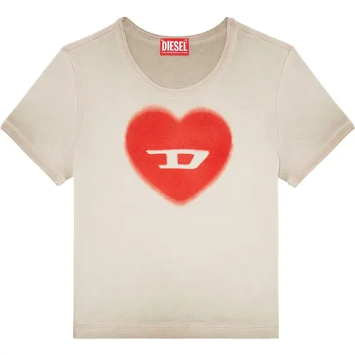 Geripptes T-Shirt mit Herz D-Wasserfarbe-Effekt , Damen, Größe: S - Diesel - Modalova