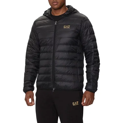 Schwarze Steppjacke mit Reißverschluss Kapuze , Herren, Größe: L - Emporio Armani EA7 - Modalova