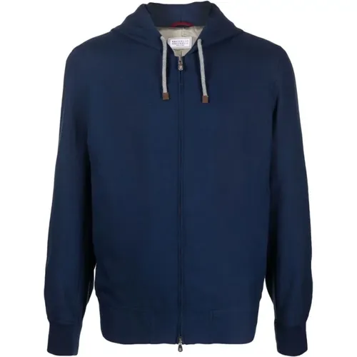 Zip-throughs, male, , Size: M Navy Zip-Up Hooded Jacket - BRUNELLO CUCINELLI - Modalova