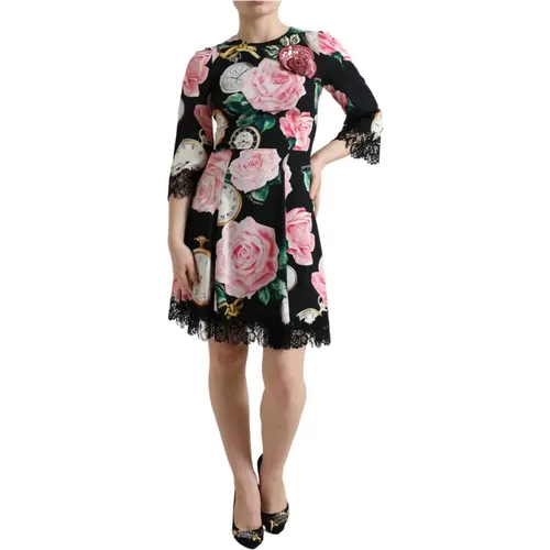 Blumiges A-Linien Kleid mit Pailletten Detail - Dolce & Gabbana - Modalova