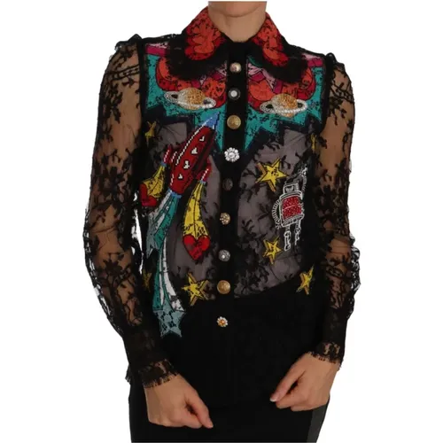 Schwarze Spitze Kristall Space Bluse - Dolce & Gabbana - Modalova