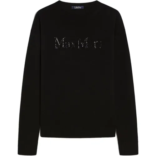 Schwarzer Crew Neck Pullover mit Strass-Logo , Damen, Größe: S - Max Mara - Modalova