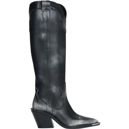 Damen Hohe Schwarze Vintage Cowboy Stiefel aus Italienischem Echtem Leder , Damen, Größe: 37 EU - Estro - Modalova