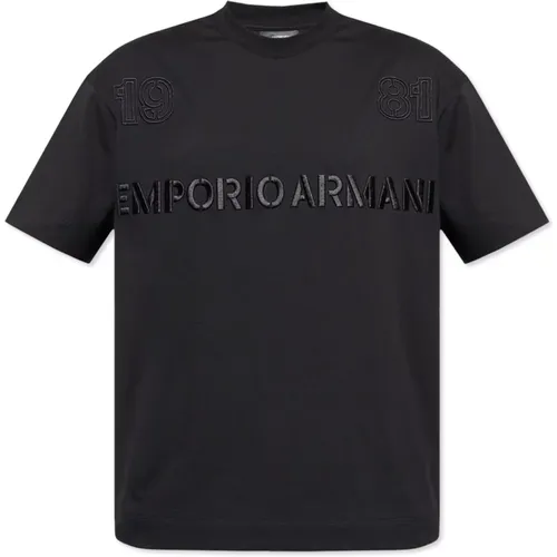 Navyblaues Baumwoll-T-Shirt mit besticktem Logo , Herren, Größe: S - Emporio Armani - Modalova