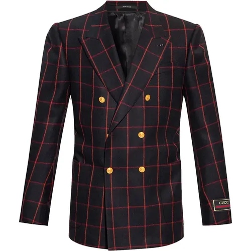 Blazers, male, , Size: M Black Wool Flannel Double Breasted Blazer - Gucci - Modalova