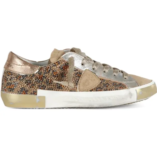 Leder-Sneakers mit Strass-Verzierungen , Damen, Größe: 37 EU - Philippe Model - Modalova