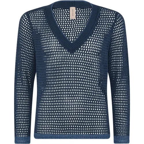 Openwork V-Neck Pullover Bluse Jeans Blau , Damen, Größe: L - Skovhuus - Modalova