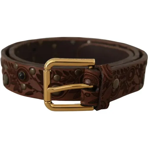 Belts, male, , Size: 85 CM Embossed Gold Buckle Leather Belt - Dolce & Gabbana - Modalova