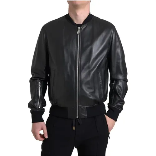 Bomber Jackets, male, , Size: 2XL Leather Full Zip Bomber Jacket - Dolce & Gabbana - Modalova