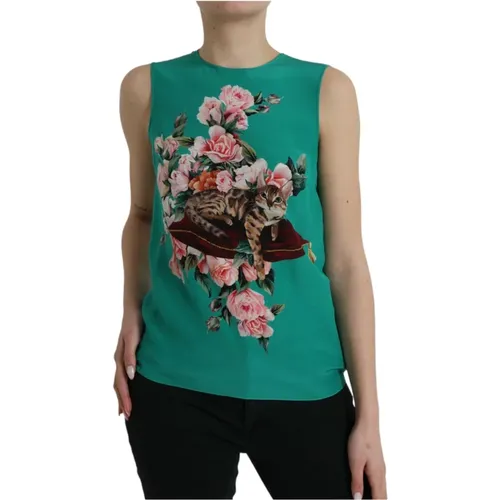 Grünes Blumen Katze Seiden Tank Top , Damen, Größe: XS - Dolce & Gabbana - Modalova