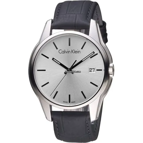 Watches, male, , Size: ONE SIZE Silver Tone Watch - Quartz Movement, Leather Strap - Calvin Klein - Modalova