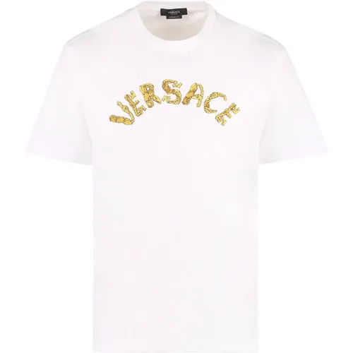 T-Shirts, male, , Size: S Baroque Logo Embroidered Cotton T-Shirt - Versace - Modalova