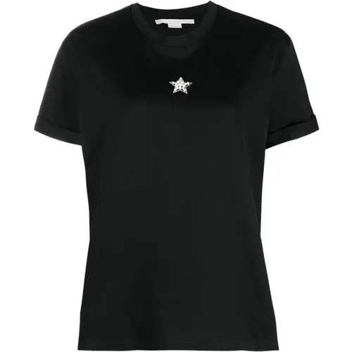 Schwarzes Baumwoll-T-Shirt mit Kristallverzierung - Stella Mccartney - Modalova