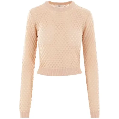 Nude Pointelle Cropped Sweater, Crewneck Sweater Gerippte Bündchen - Chloé - Modalova