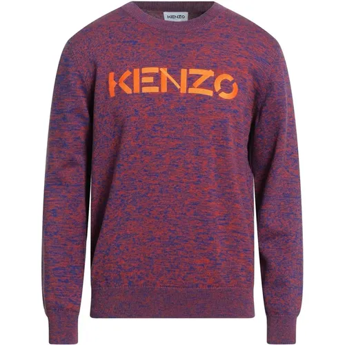 Round-neck Knitwear, male, , Size: M Blue Cotton Sweater with Logo Detail - Kenzo - Modalova