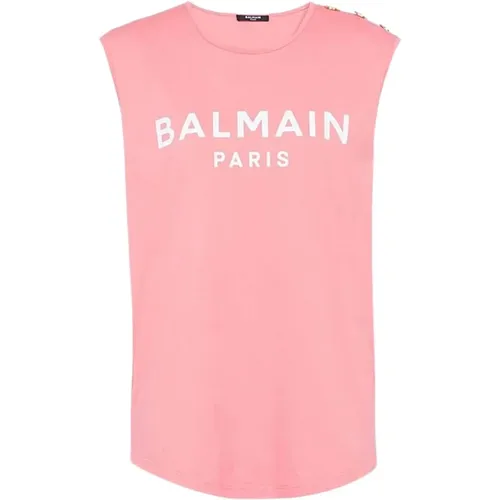 Salmon and White Cotton T-Shirt , female, Sizes: L, M - Balmain - Modalova