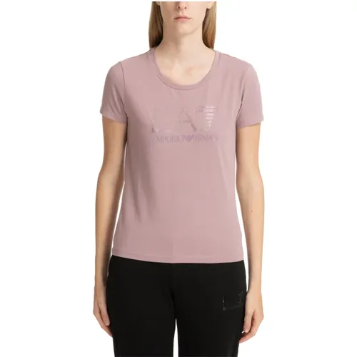 Einfaches Logo Strass T-shirt , Damen, Größe: S - Emporio Armani EA7 - Modalova