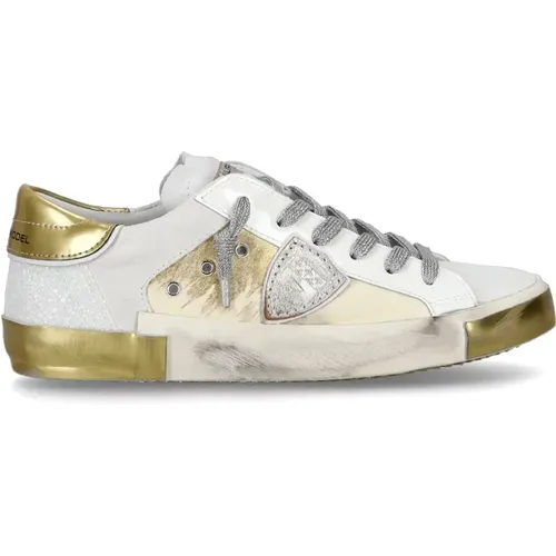 Glamouröse Wildleder Sneakers Silber Weiß , Damen, Größe: 37 EU - Philippe Model - Modalova