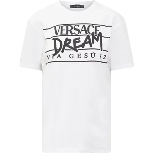 Schickes weißes Baumwoll-T-Shirt mit Logo , Damen, Größe: S - Versace - Modalova
