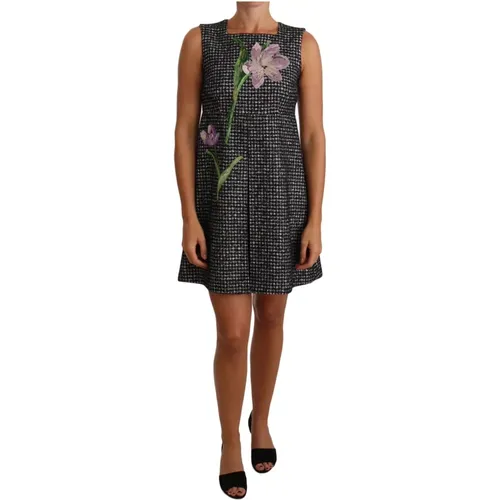 Graues Hahnentritt Blumenapplikation Shift Mini Kleid - Dolce & Gabbana - Modalova