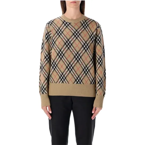 Round-neck Knitwear, female, , Size: XL Wool Blend Check Sweater - Burberry - Modalova